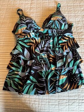 Ruffled Tropical Leaf Tankini Top - Black with Teal & Taupe